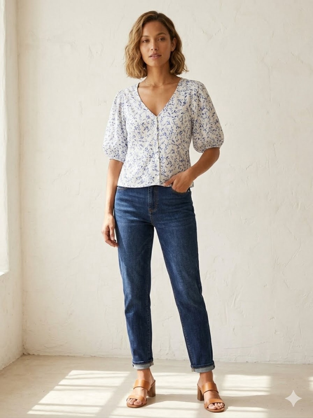 Joie Cream Blouse with Blue Floral Print and Puff Sleeves